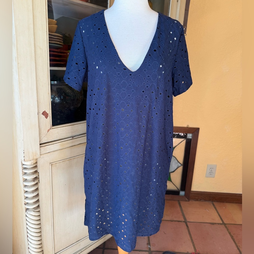 Blue Eyelet V-Neck Dress